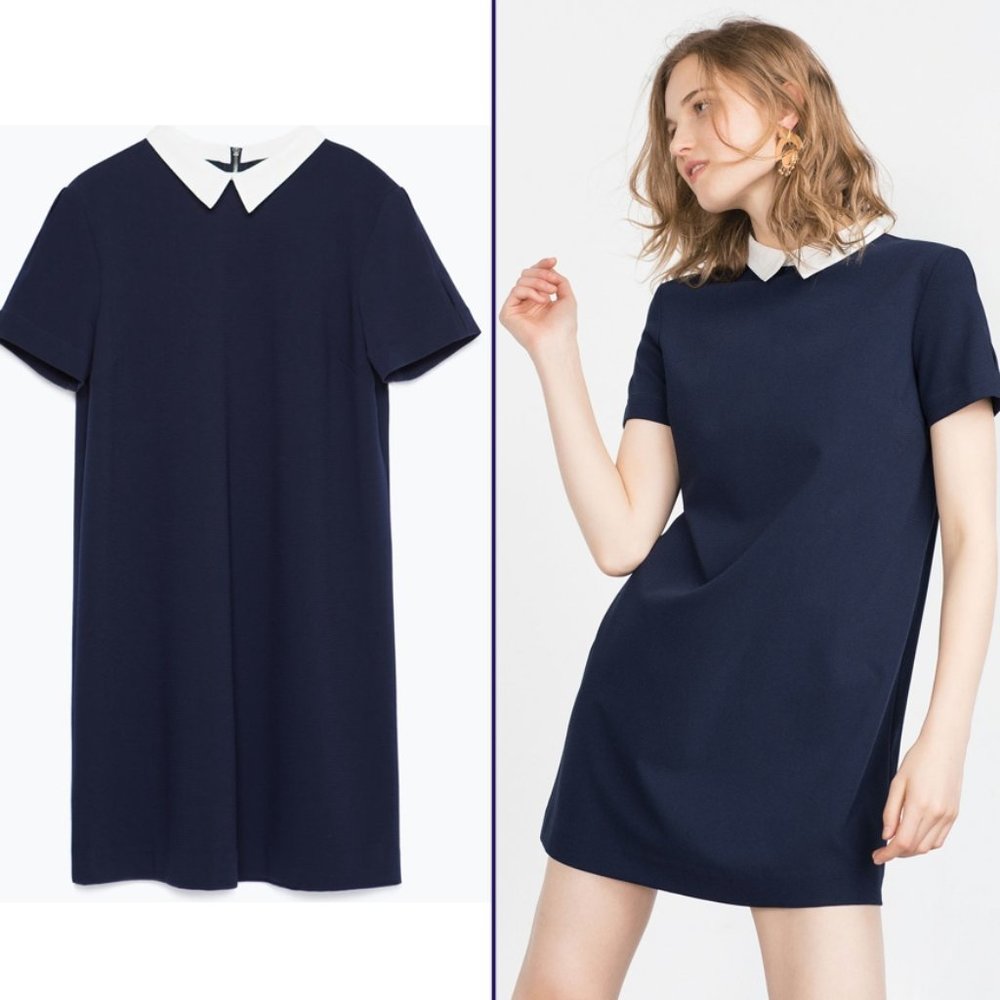 NEW Zara White Collar Navy Dress size XS